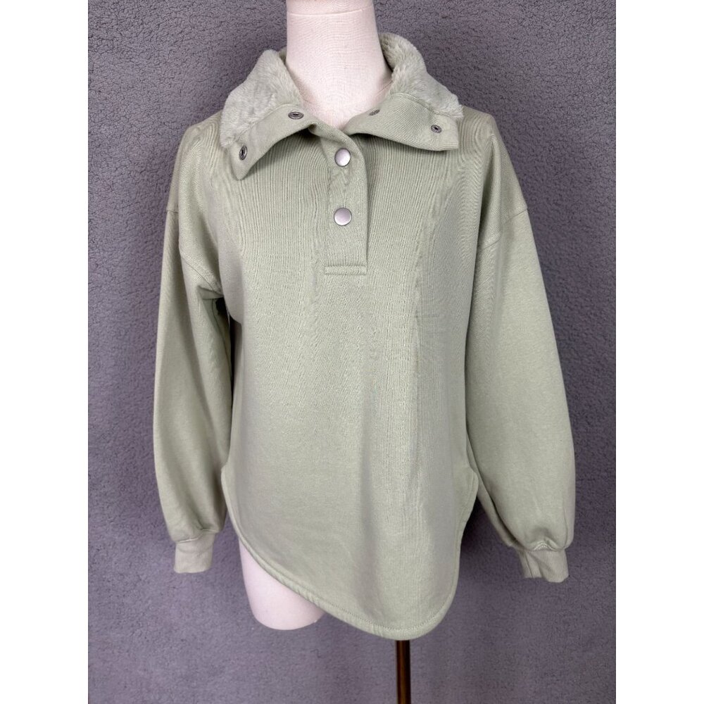 Planet Heart Juniors' Snap Button Faux Fur Fleece Collar Pullover Green XS NWT's
